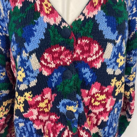 Vintage The Eagles Eye Hand Knit Floral Cardigan Sweater Large Black Pink Bold - Picture 2 of 8